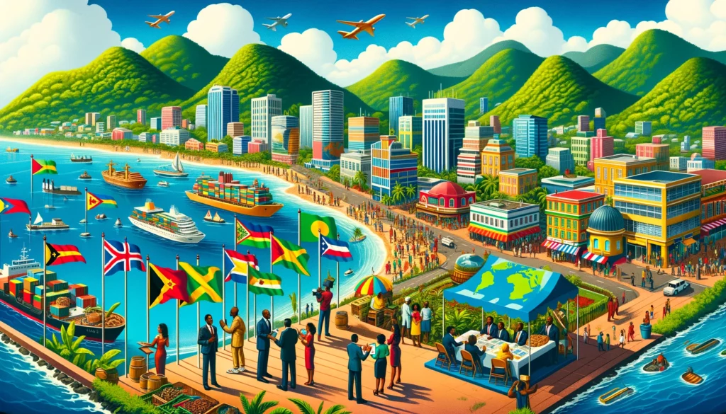 A vibrant coastal cityscape in the Caribbean with modern buildings, a bustling marketplace, lush green mountains, a political rally with Caribbean flags, and a group discussing environmental conservation.